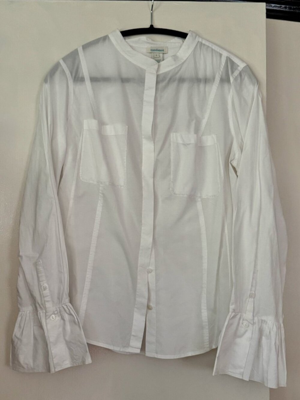 From Sundance, tailored white cotton blouse, button down, flounce frill sleeves,